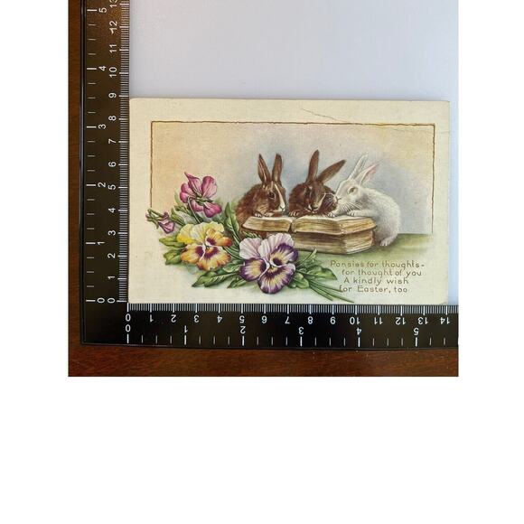 Antique Early 1900s Ephemera Easter Greetings Postcard Bunny Rabbits Pansies SEE - Picture 4 of 8